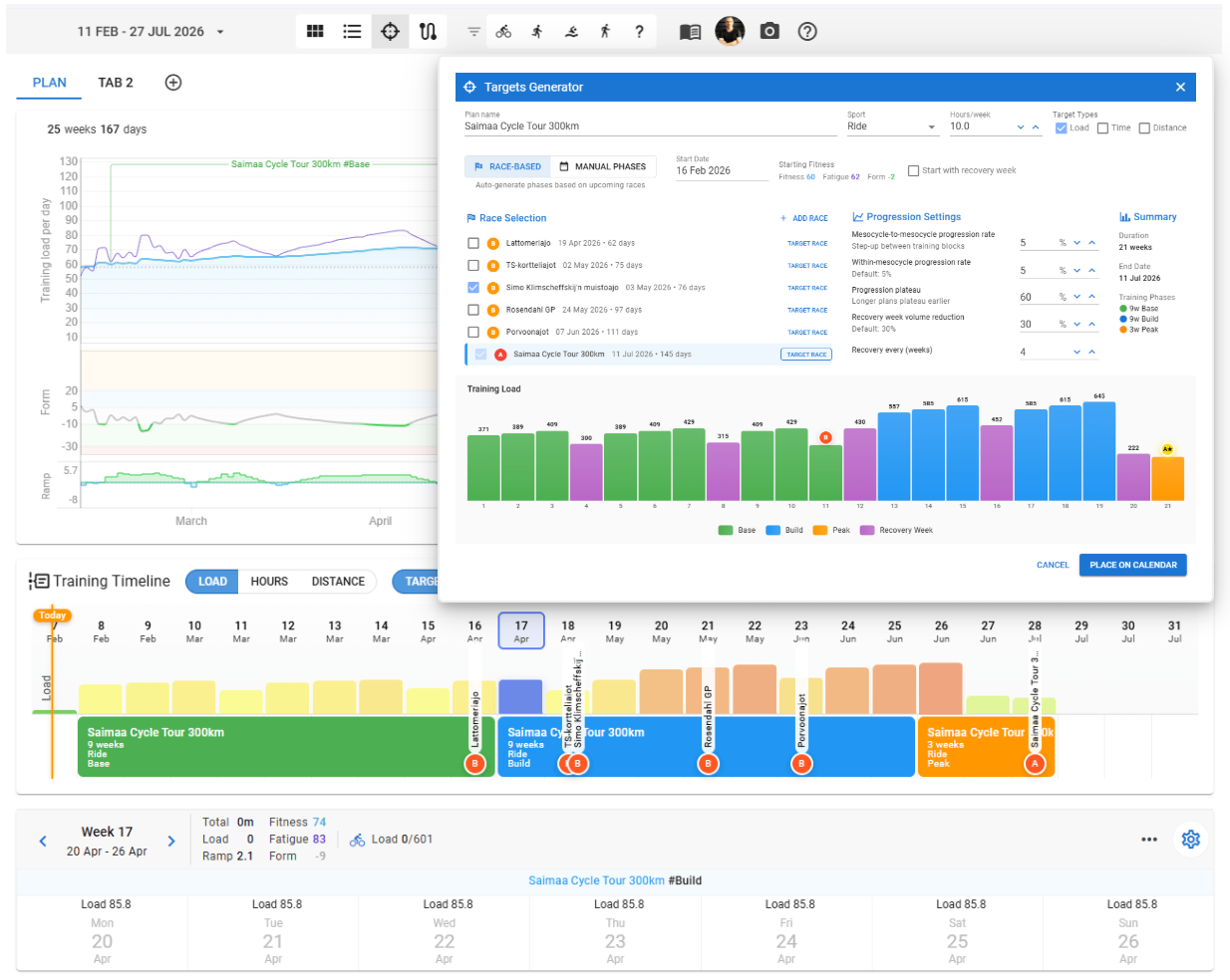Annual training plan builder showing periodized training phases and weekly targets