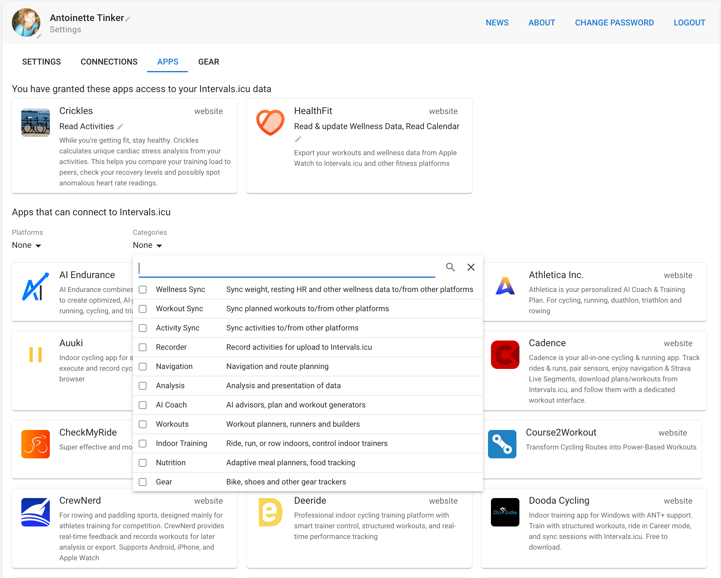 Third-party app integrations connected to Intervals.icu
