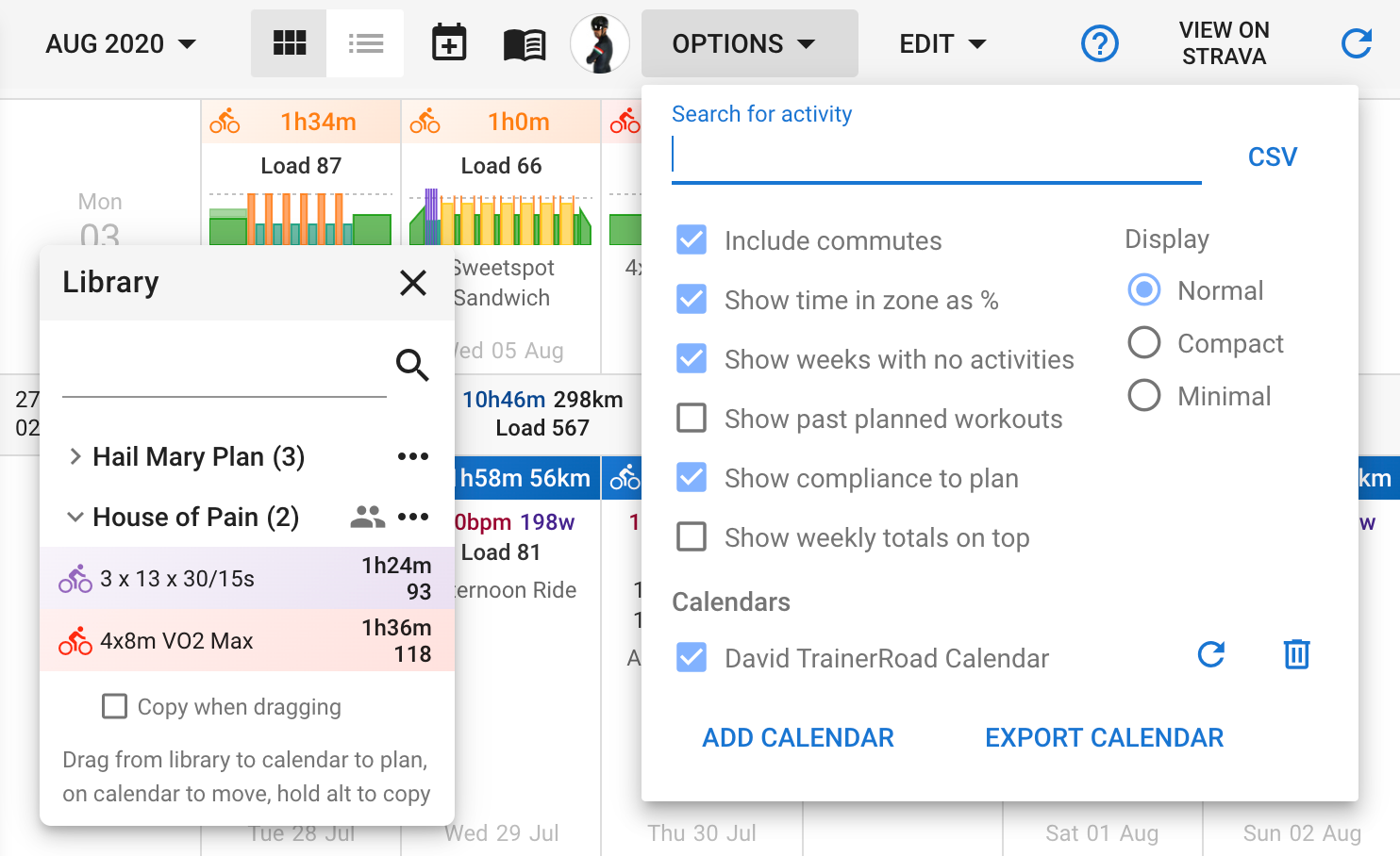 Training calendar with planned workouts and completed activities