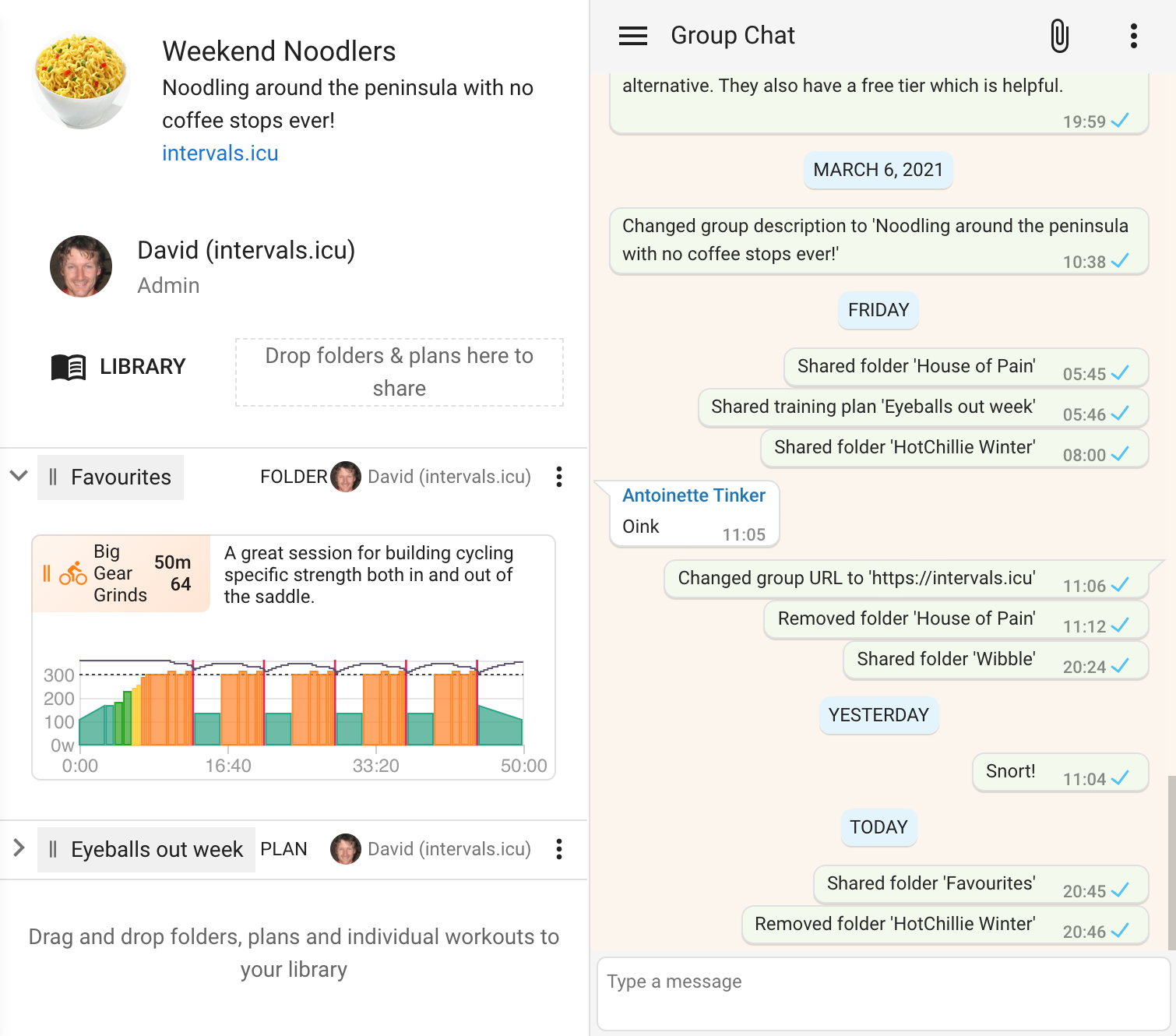 Chat interface showing workout sharing and messaging
