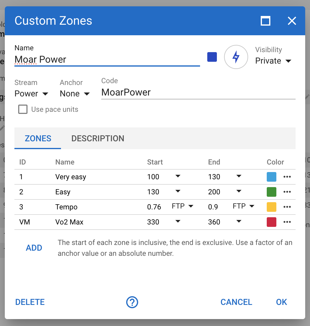Custom zone configuration showing user-defined training zones