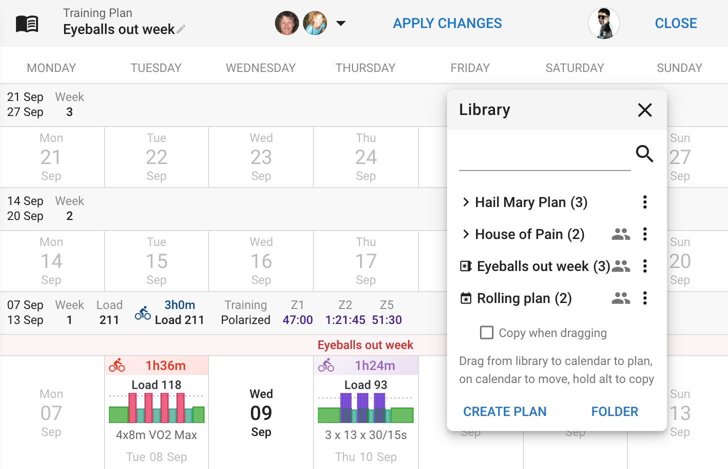 Training plan editor with drag-and-drop workout arrangement