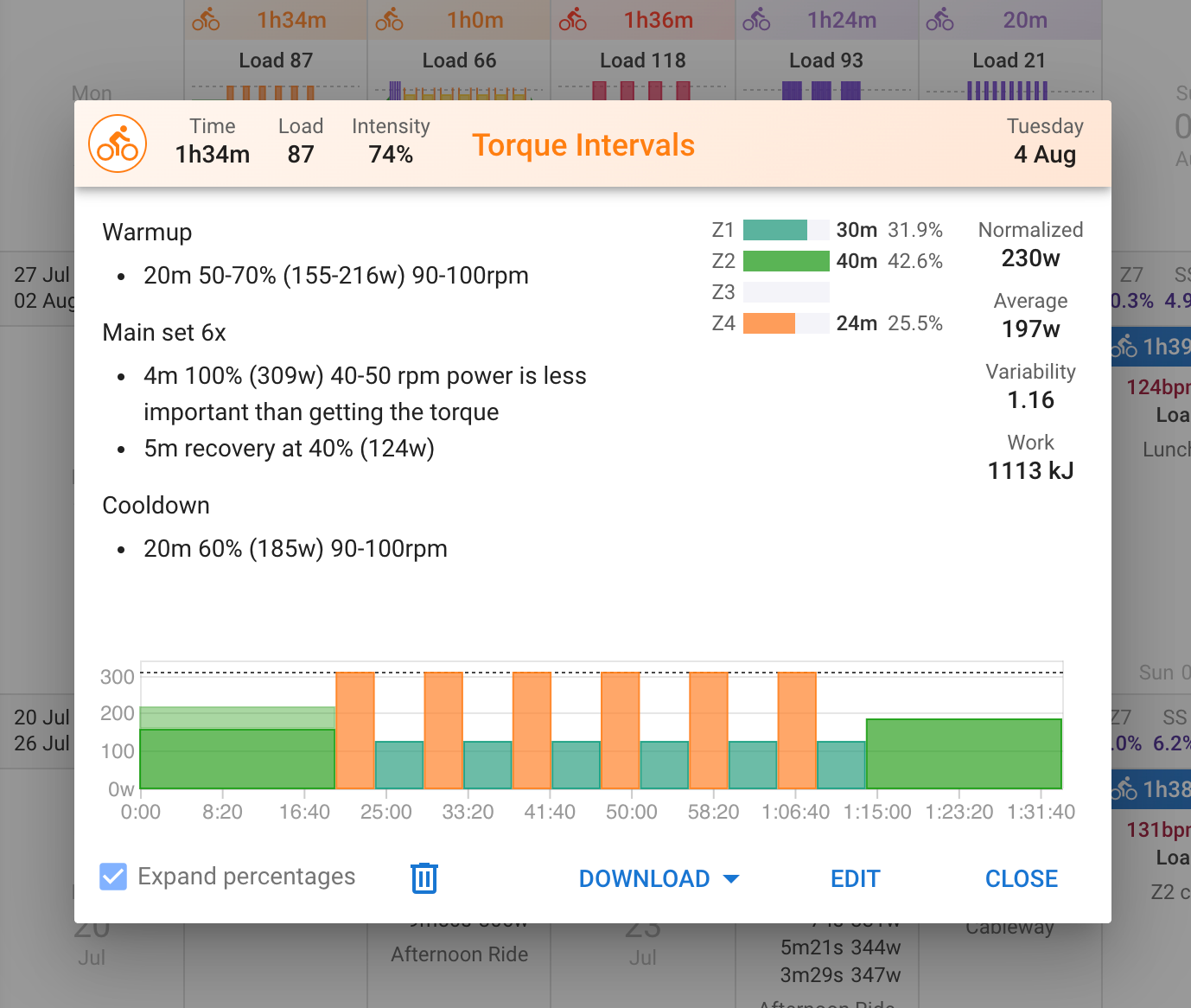 Workout builder interface showing structured workout steps